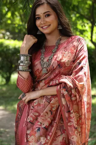Red color tussar silk blend unique print zari weaving border saree