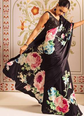 Black original japan satin saree with digital print blouse 2