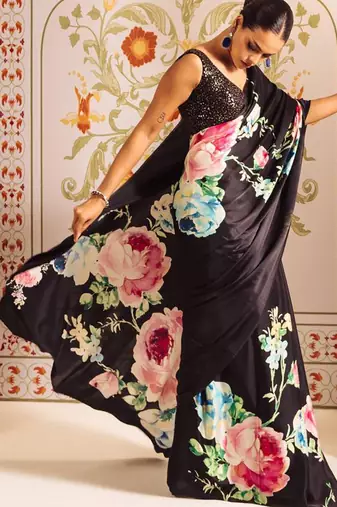 Black original japan satin saree with digital print blouse