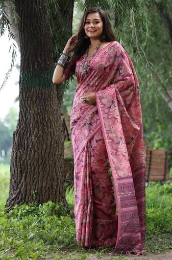 Pink color tussar silk unique print zari weaving border saree