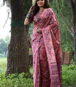 Pink color tussar silk blend unique print zari weaving border saree