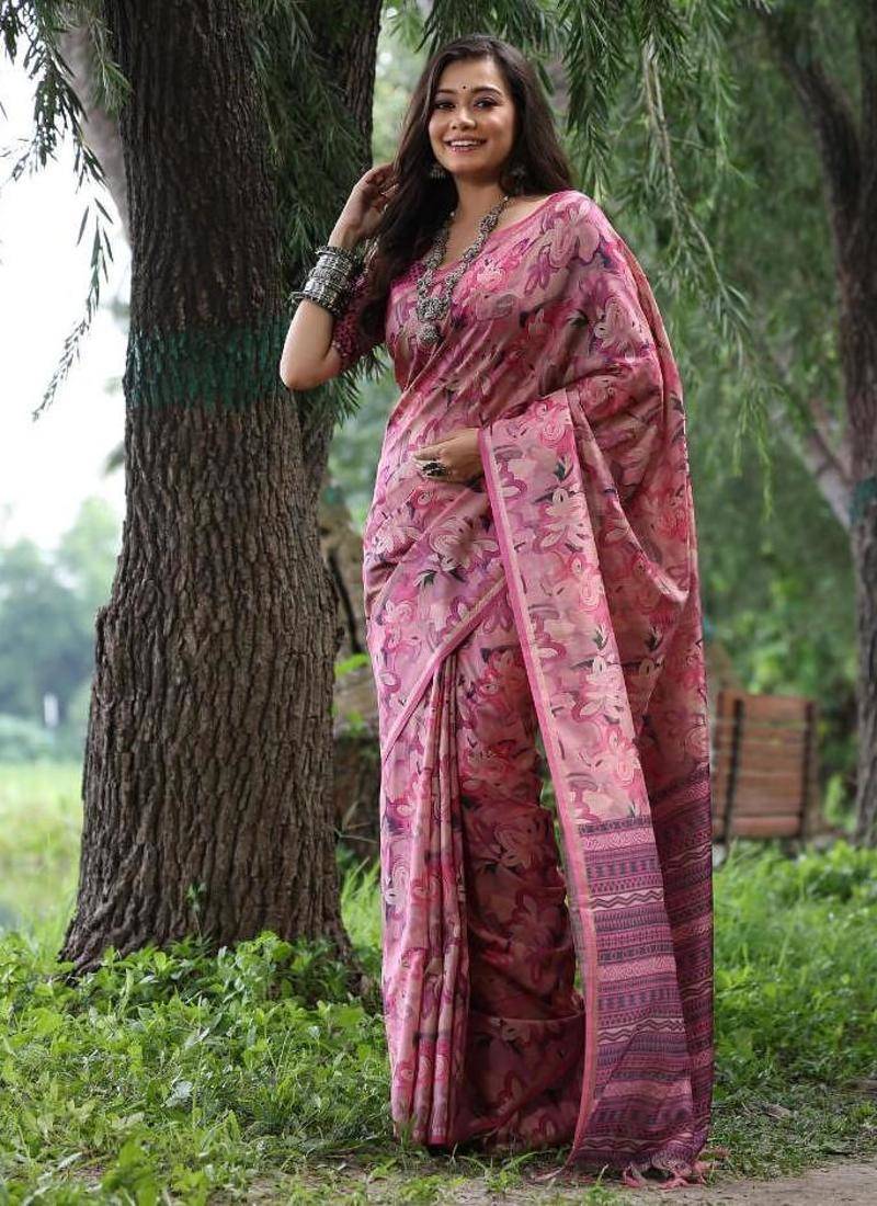 Pink color tussar silk unique print zari weaving border saree