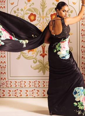Black original japan satin saree with digital print blouse 3