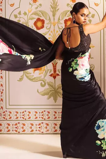 Black original japan satin saree with digital print blouse