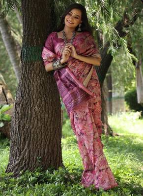 Pink color tussar silk blend unique print zari weaving border saree 2