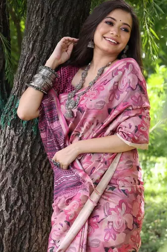 Pink color tussar silk blend unique print zari weaving border saree