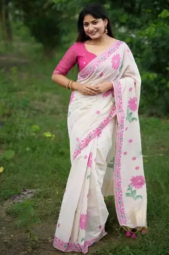 White & pink color muga cotton jamdani contrast weaving saree