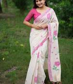 White & pink muga cotton jamdani contrast weaving saree