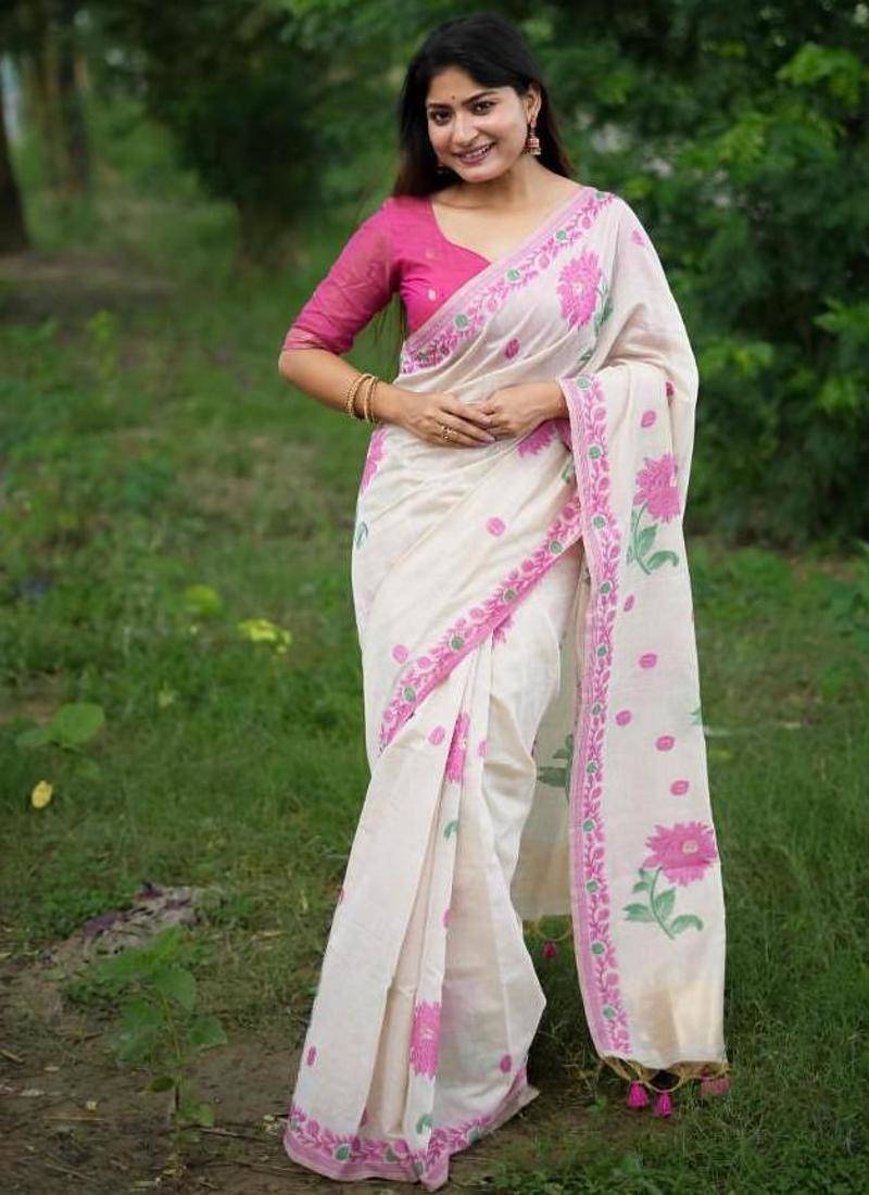 White & pink color muga cotton jamdani contrast weaving saree