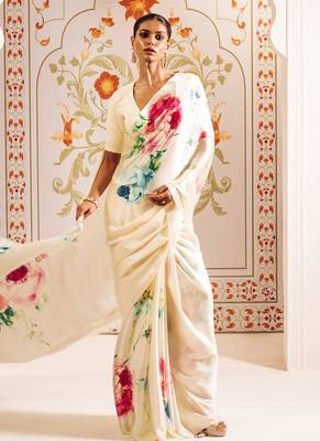 Cream original japan satin saree with digital print blouse 1