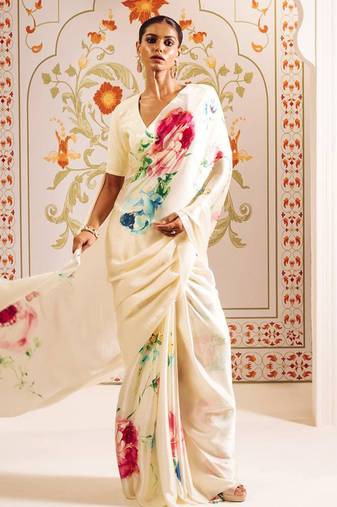 Cream original japan devsena satin saree japan satin digital print blouse