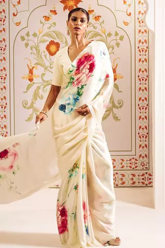 Cream original japan devsena satin saree japan satin digital print blouse