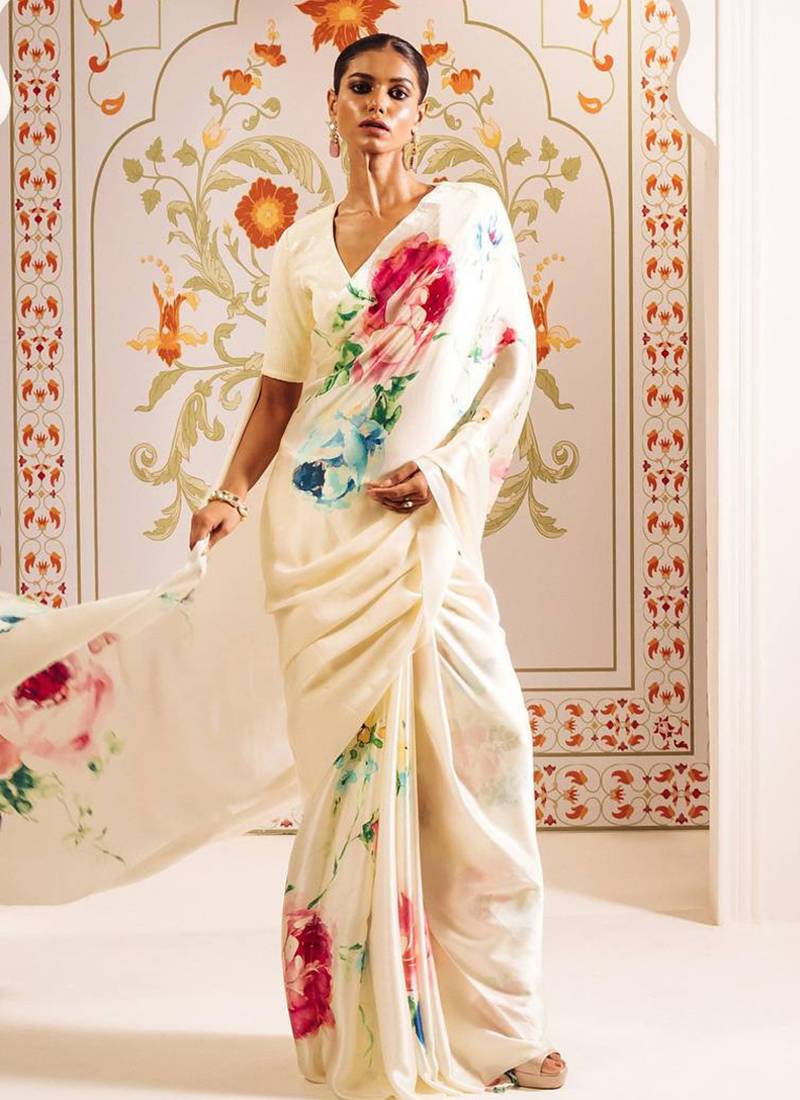 Cream original japan devsena satin saree japan satin digital print blouse
