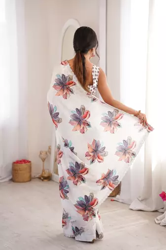 white silk blend digital printed saree with swarovski diamond work & blouse piece