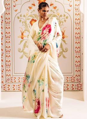 Cream original japan satin saree with digital print blouse 2