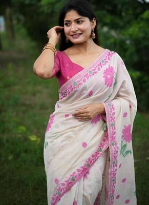 White & pink muga cotton jamdani contrast weaving saree 3