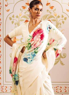 Cream original japan satin saree with digital print blouse 3