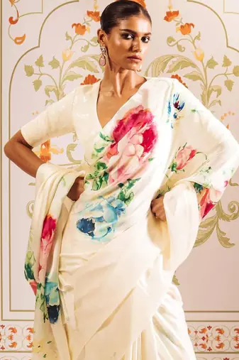 Cream original japan satin saree with digital print blouse