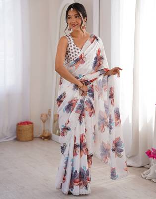 white silk blend digital printed saree with swarovski diamond work & blouse piece 5