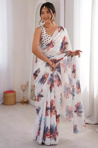 white silk blend digital printed saree with swarovski diamond work & blouse piece