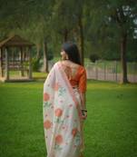 White & orange color muga cotton jamdani contrast weaving saree