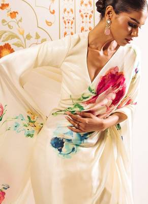 Cream original japan satin saree with digital print blouse 4