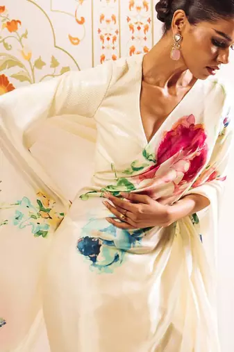 Cream original japan satin saree with digital print blouse