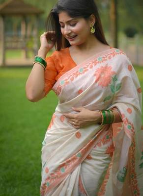 White & orange color muga cotton jamdani contrast weaving saree 2
