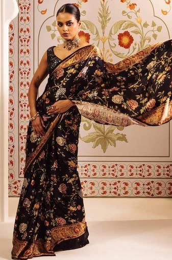 Black original japan devsena satin saree japan satin digital print blouse