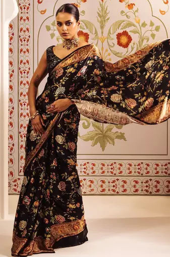 Black original japan devsena satin saree japan satin digital print blouse
