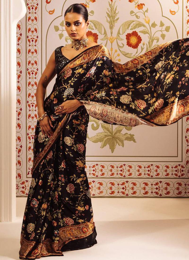 Black original japan devsena satin saree japan satin digital print blouse