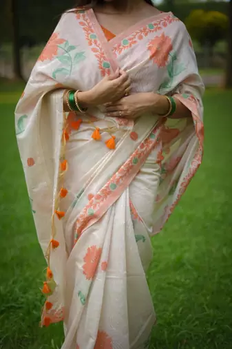 White & orange color muga cotton jamdani contrast weaving saree