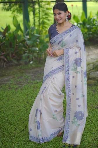 White & blue color muga cotton jamdani contrast weaving saree