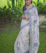 White & blue color muga cotton jamdani contrast weaving saree