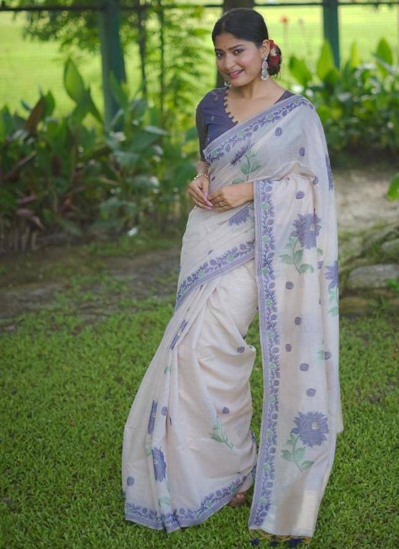 White & blue color muga cotton jamdani contrast weaving saree