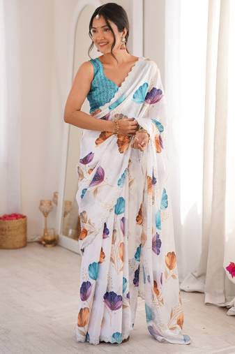 white silk blend digital printed saree with swarovski diamond work & blouse piece