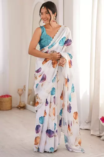 white silk blend digital printed saree with swarovski diamond work & blouse piece