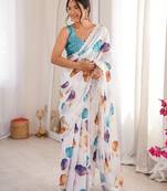 white silk blend digital printed saree with swarovski diamond work & blouse piece