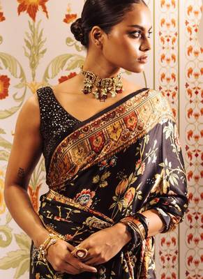 Black original japan satin saree with digital print blouse 4