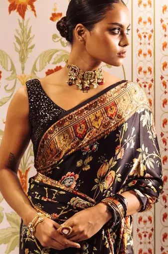 Black original japan satin saree with digital print blouse