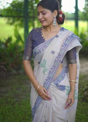 White & blue color muga cotton jamdani contrast weaving saree 3