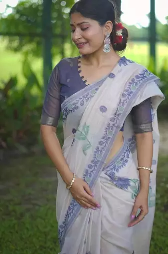 White & blue color muga cotton jamdani contrast weaving saree