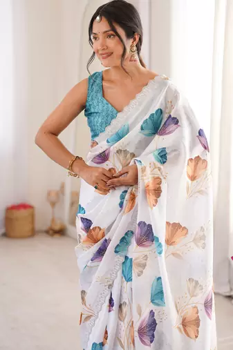 white silk blend digital printed saree with swarovski diamond work & blouse piece