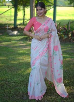 White & peach color muga cotton jamdani contrast weaving saree 1