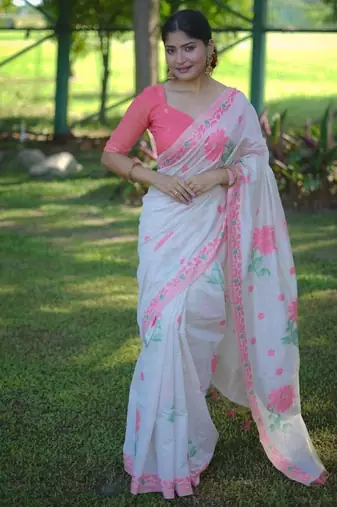 White & peach color muga cotton jamdani contrast weaving saree