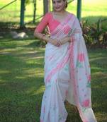 White & peach color muga cotton jamdani contrast weaving saree