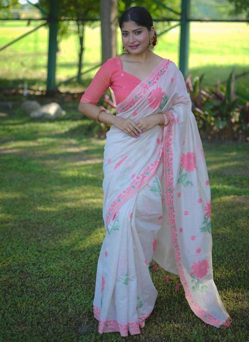 White & peach color muga cotton jamdani contrast weaving saree