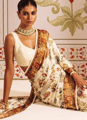 Cream original japan satin saree with digital print blouse 1
