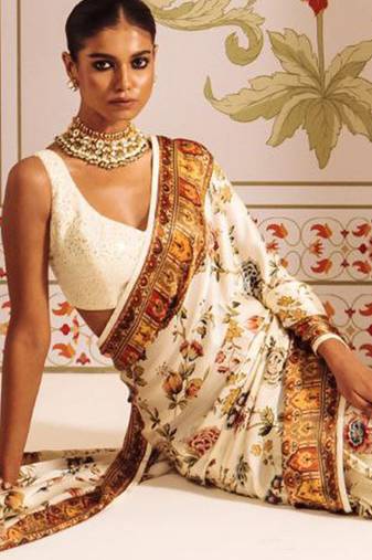 Cream original japan devsena satin saree japan satin digital print blouse