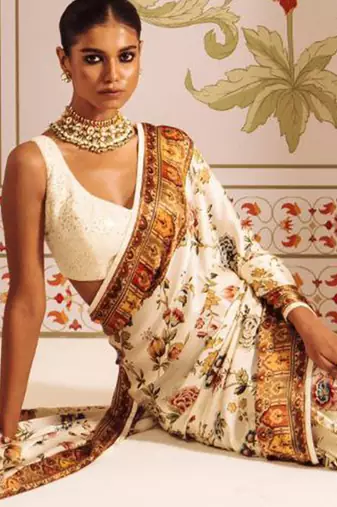 Cream original japan devsena satin saree japan satin digital print blouse